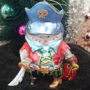 Blown Glass Pirate Shark Christmas Ornament